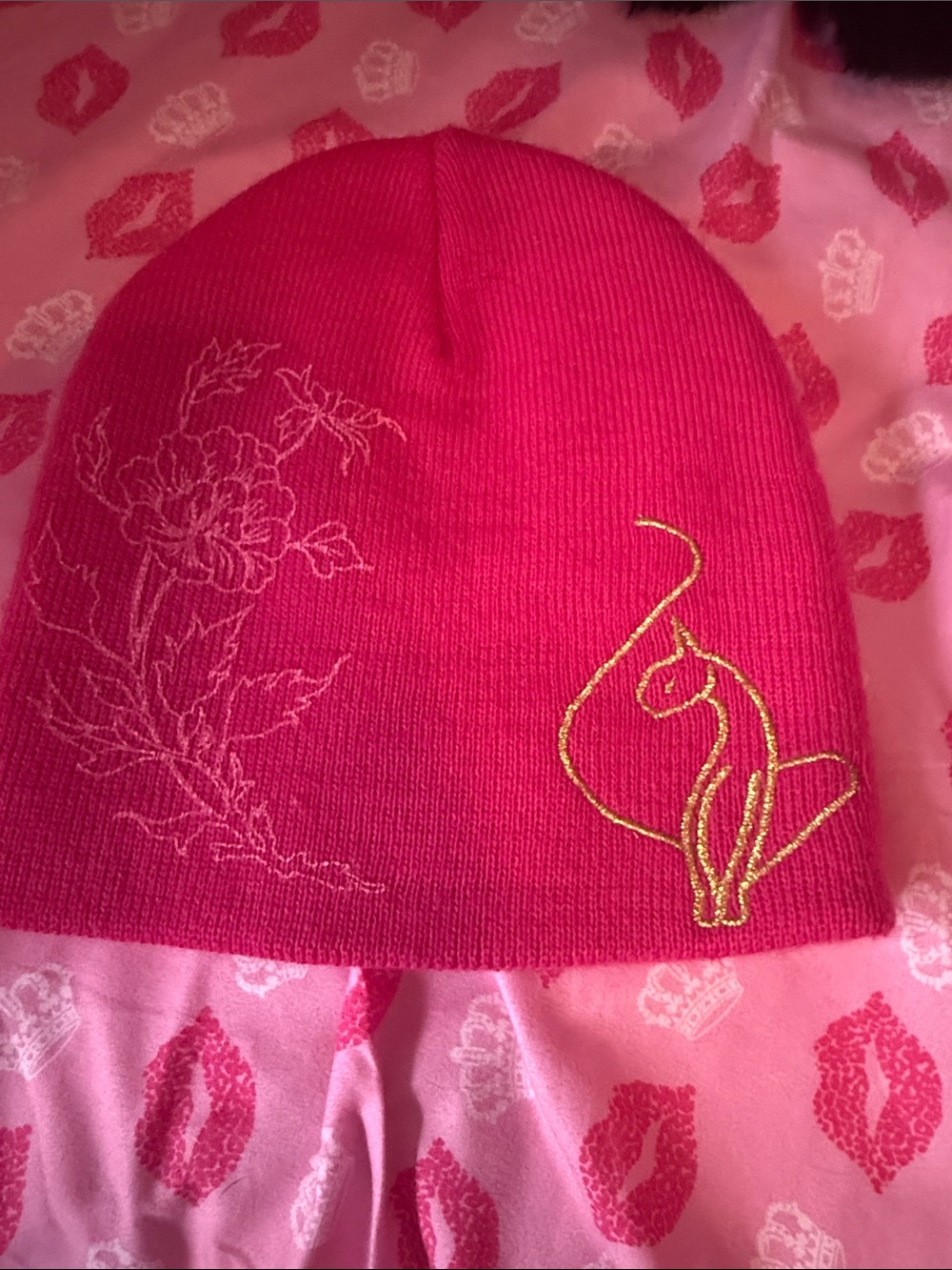 Baby phat hot pink beanie with cat logo and flowers